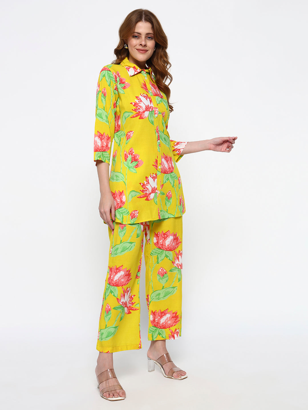 Yellow Floral Printed Cotton Blend Co-Ord Set (Copy)