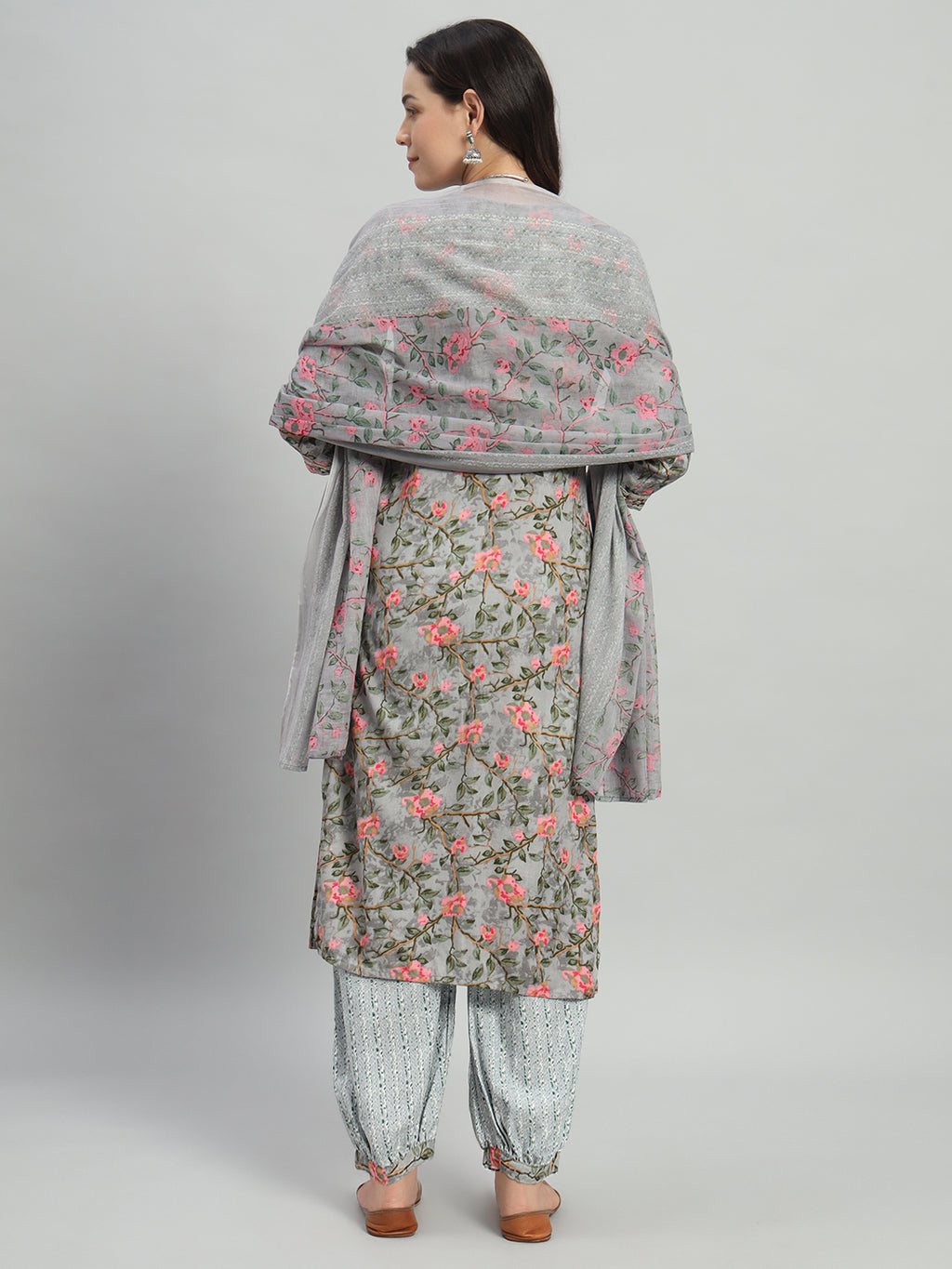 Grey Embroidery Cotton Blend Straight Kurta Pant Dupatta Set