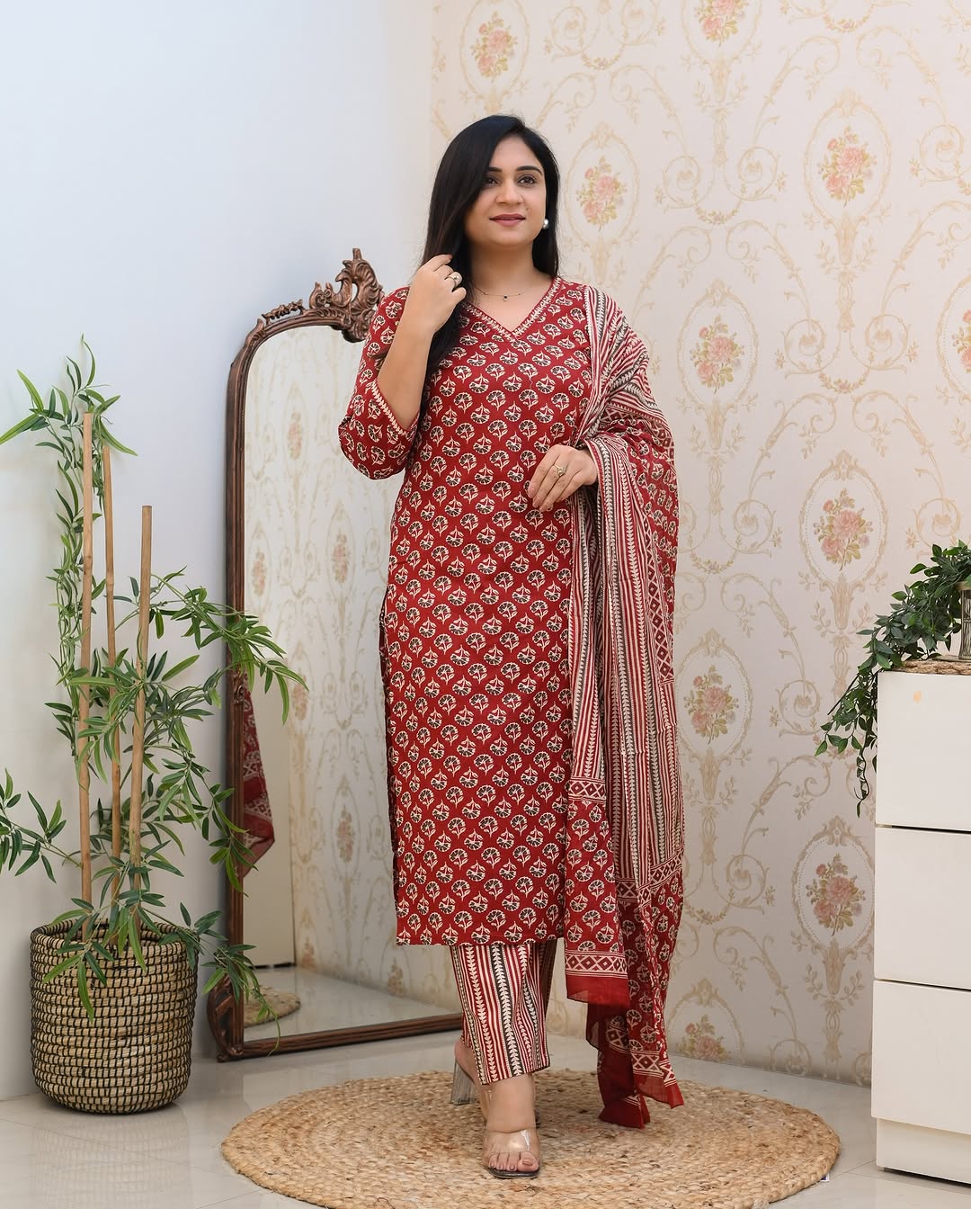 Red Printed Cotton Blend Straight Kurta Pant Dupatta Set