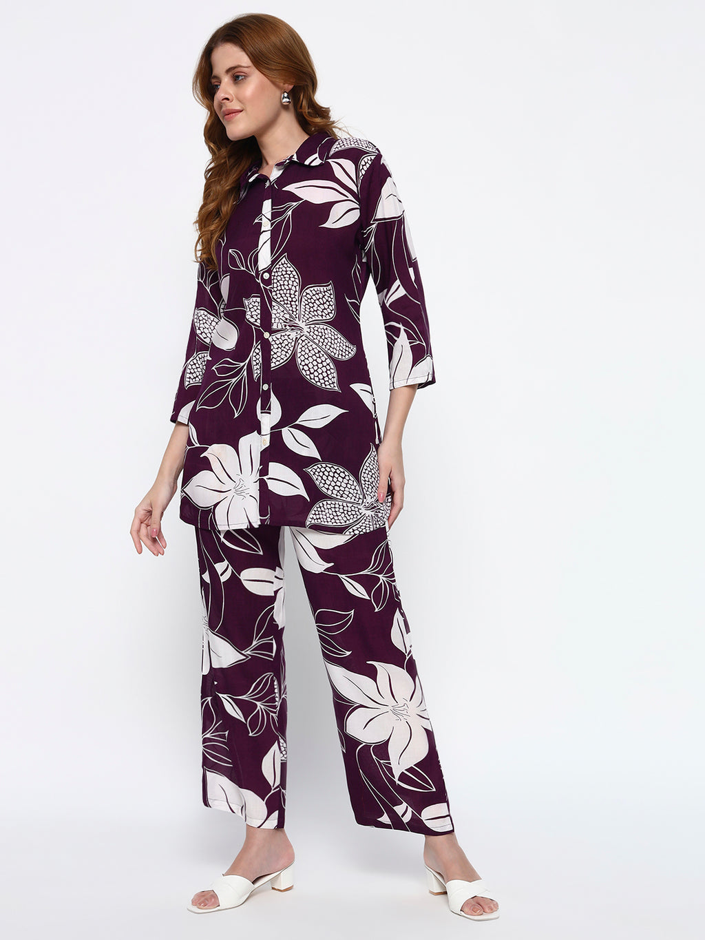 Purple Floral Printed Cotton Blend Co-Ord Set