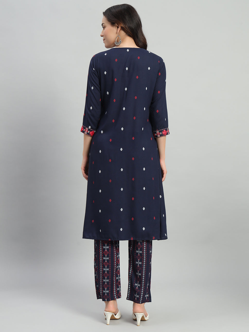 Blue Printed Cotton Blend A-line Suit Set