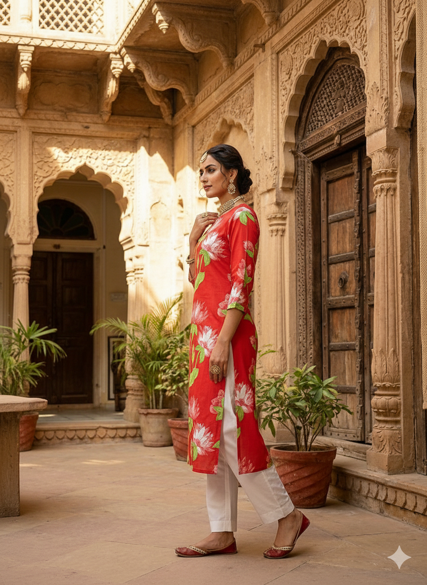 Pink Floral Printed Rayon Straight Calf Length Kurta