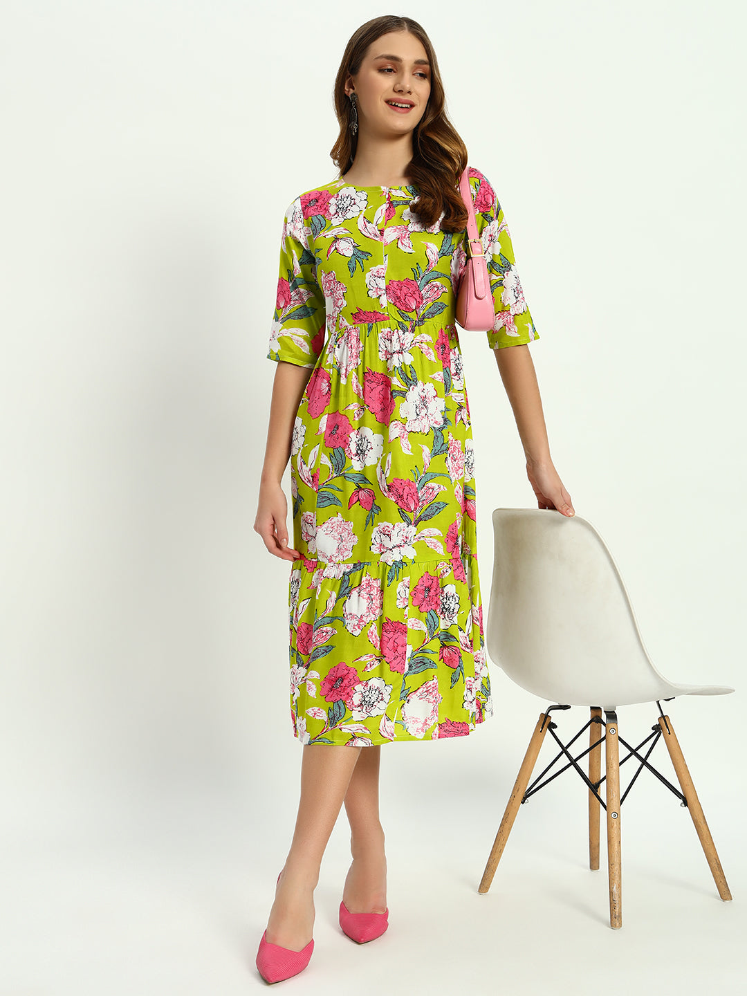 Green Ethnic Motifs Printed Tiered Fit & Flare Ethnic Dress