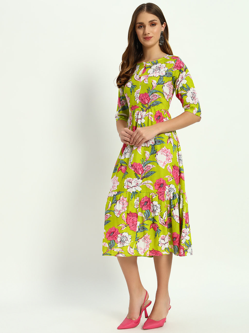 Green Ethnic Motifs Printed Tiered Fit & Flare Ethnic Dress