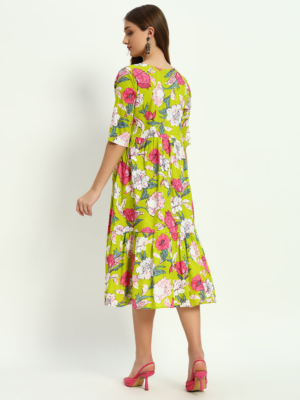 Green Ethnic Motifs Printed Tiered Fit & Flare Ethnic Dress