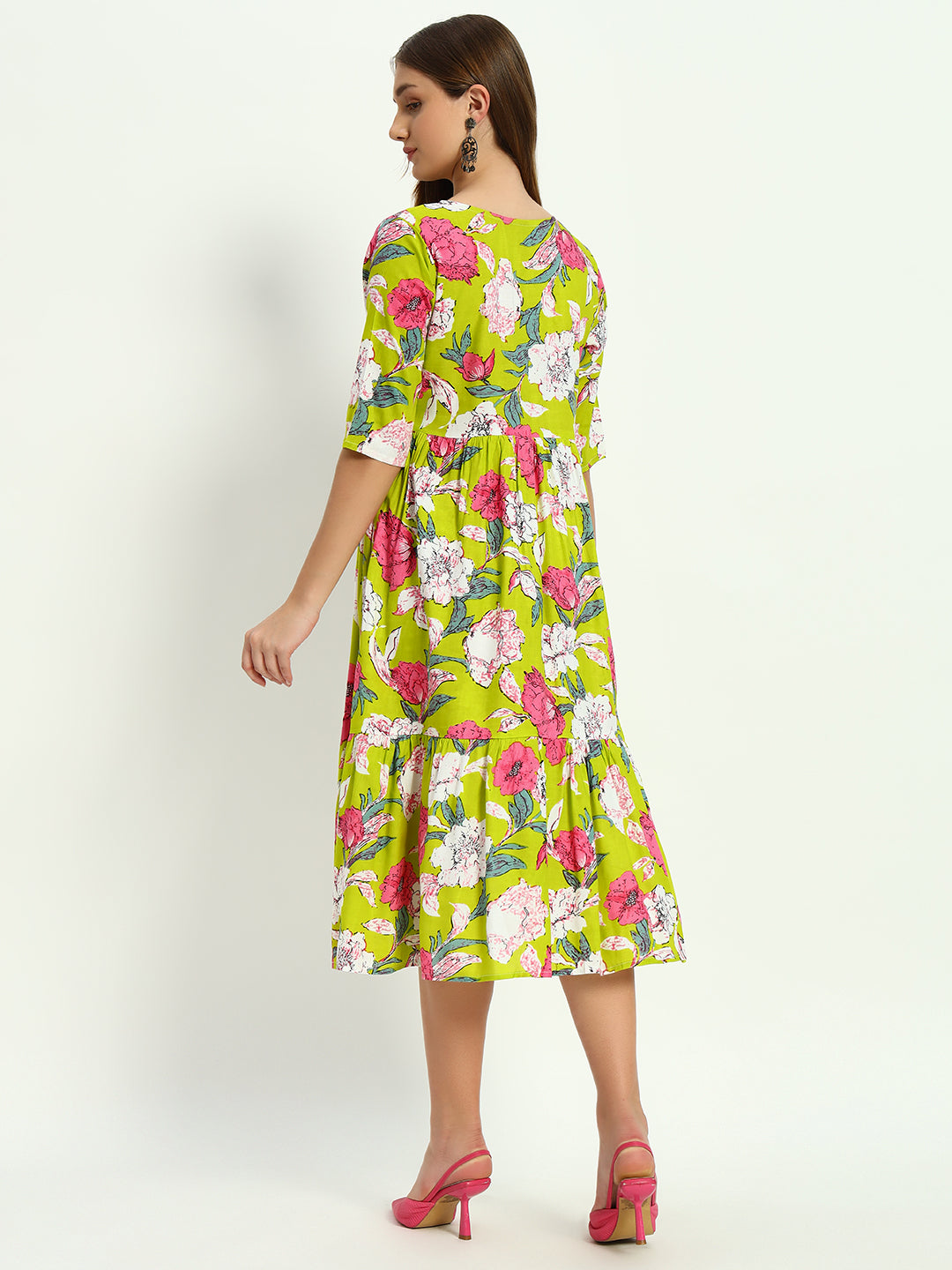 Green Ethnic Motifs Printed Tiered Fit & Flare Ethnic Dress