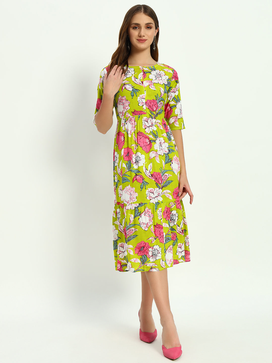 Green Ethnic Motifs Printed Tiered Fit & Flare Ethnic Dress