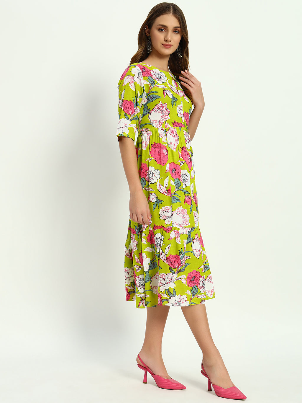 Green Ethnic Motifs Printed Tiered Fit & Flare Ethnic Dress