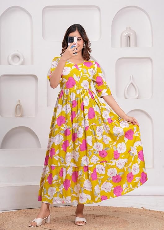 Ethnic Motifs Floral Printed Tiered Fit & Flare Ethnic Dress