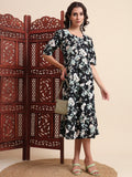 Black Ethnic Motifs Floral Printed Tiered Fit & Flare Ethnic Dress