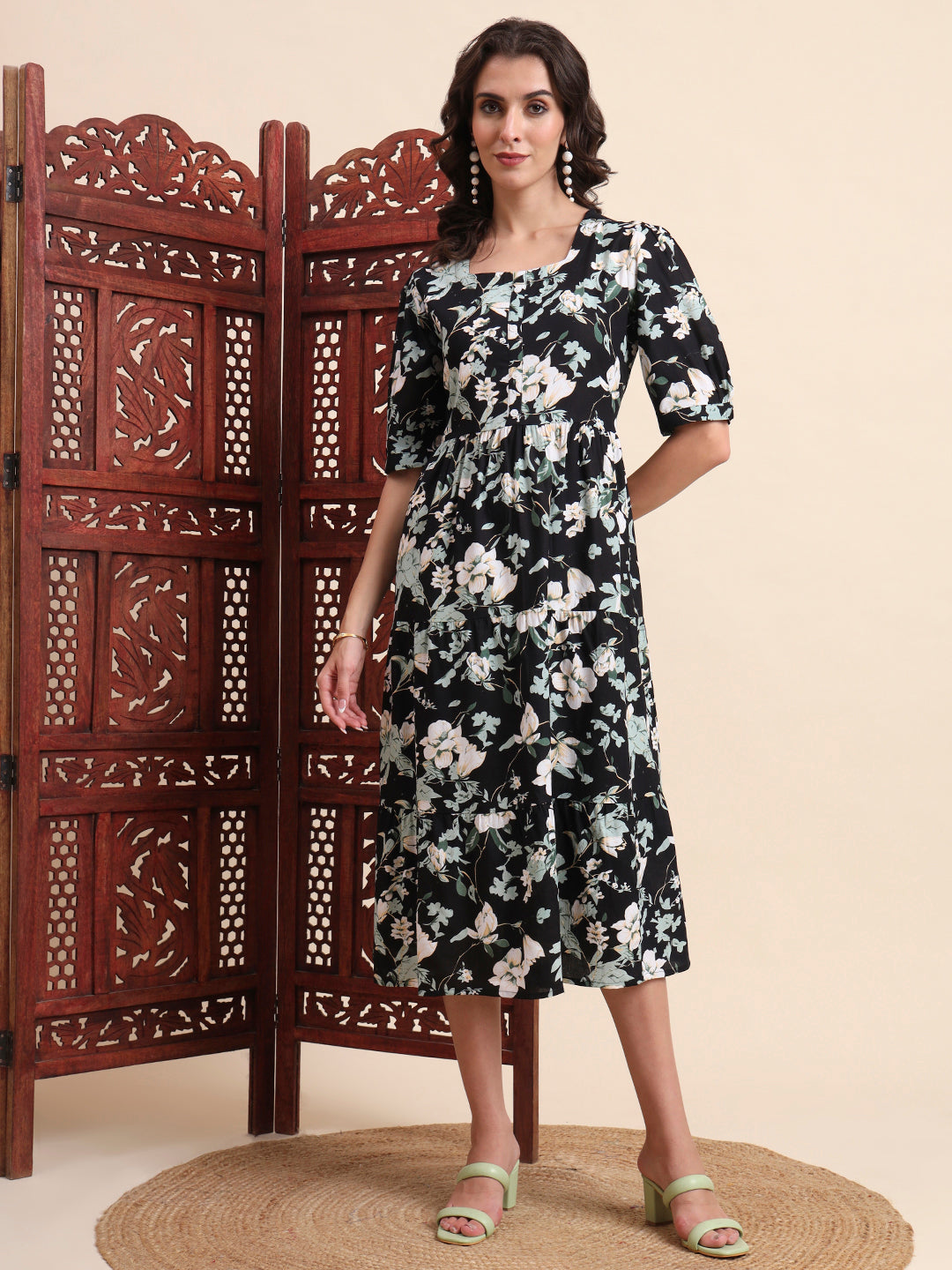 Black Ethnic Motifs Floral Printed Tiered Fit & Flare Ethnic Dress