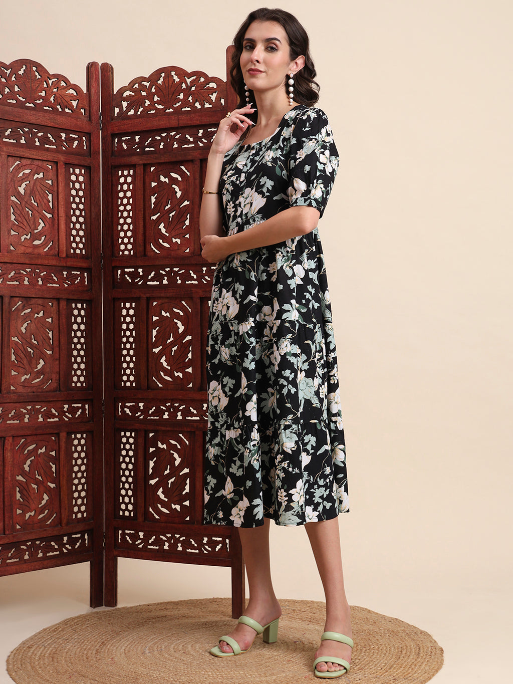 Black Ethnic Motifs Floral Printed Tiered Fit & Flare Ethnic Dress