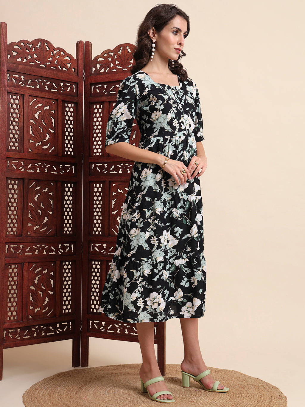 Black Ethnic Motifs Floral Printed Tiered Fit & Flare Ethnic Dress