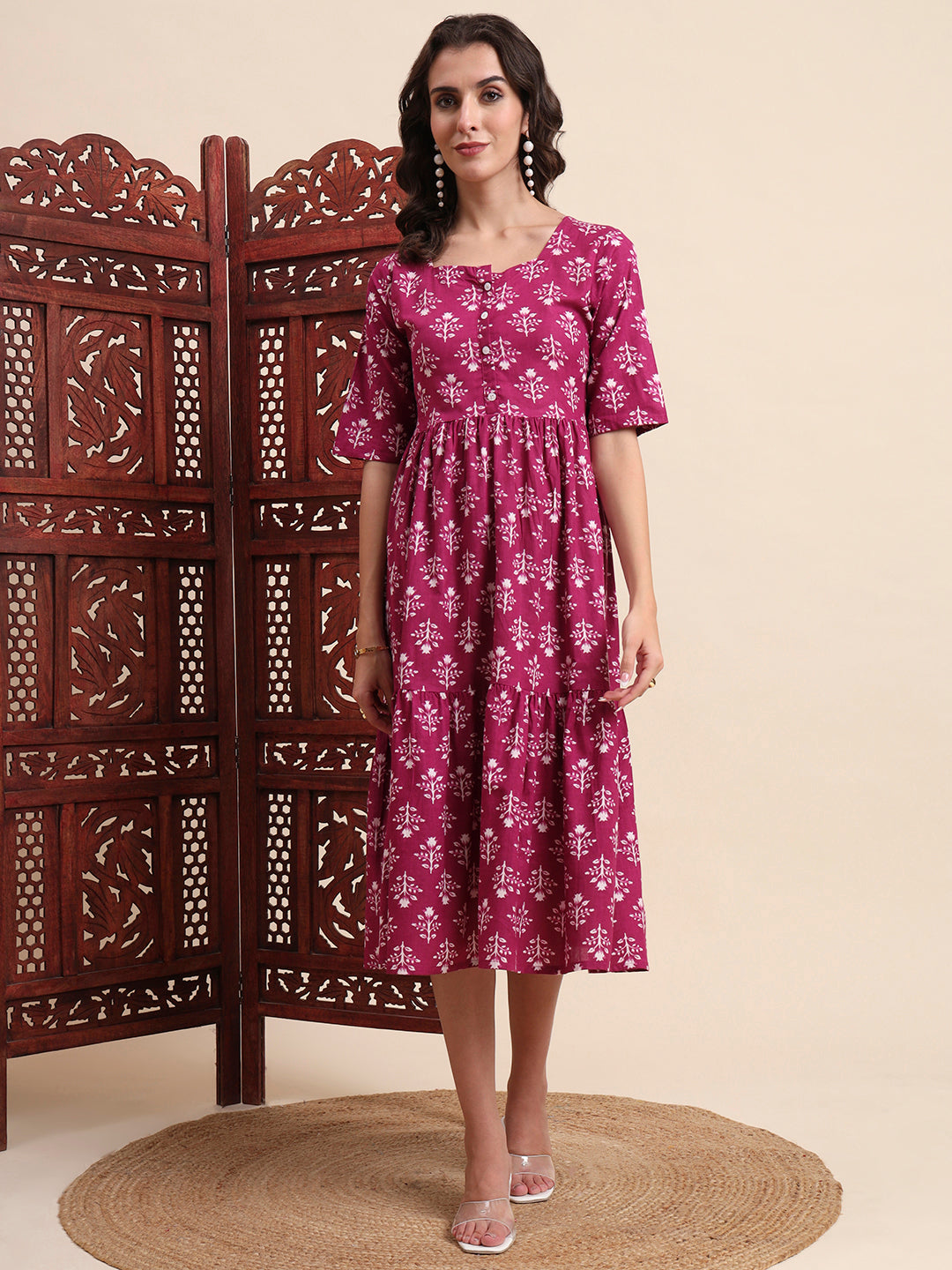 Ethnic Motifs Floral Printed Tiered Fit & Flare Ethnic Dress