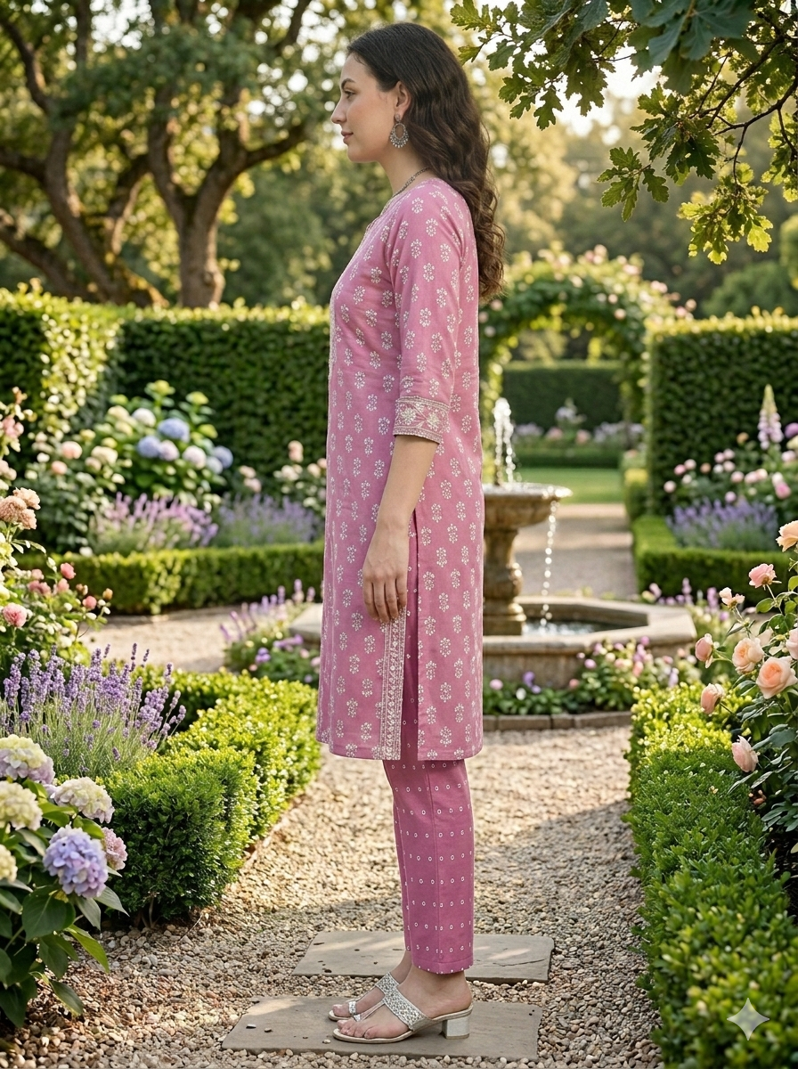 Pink Printed Cotton Blend Straight Kurta Pant Set