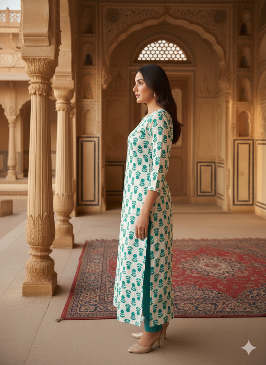 Blue Floral Printed Rayon Straight Calf Length Kurta