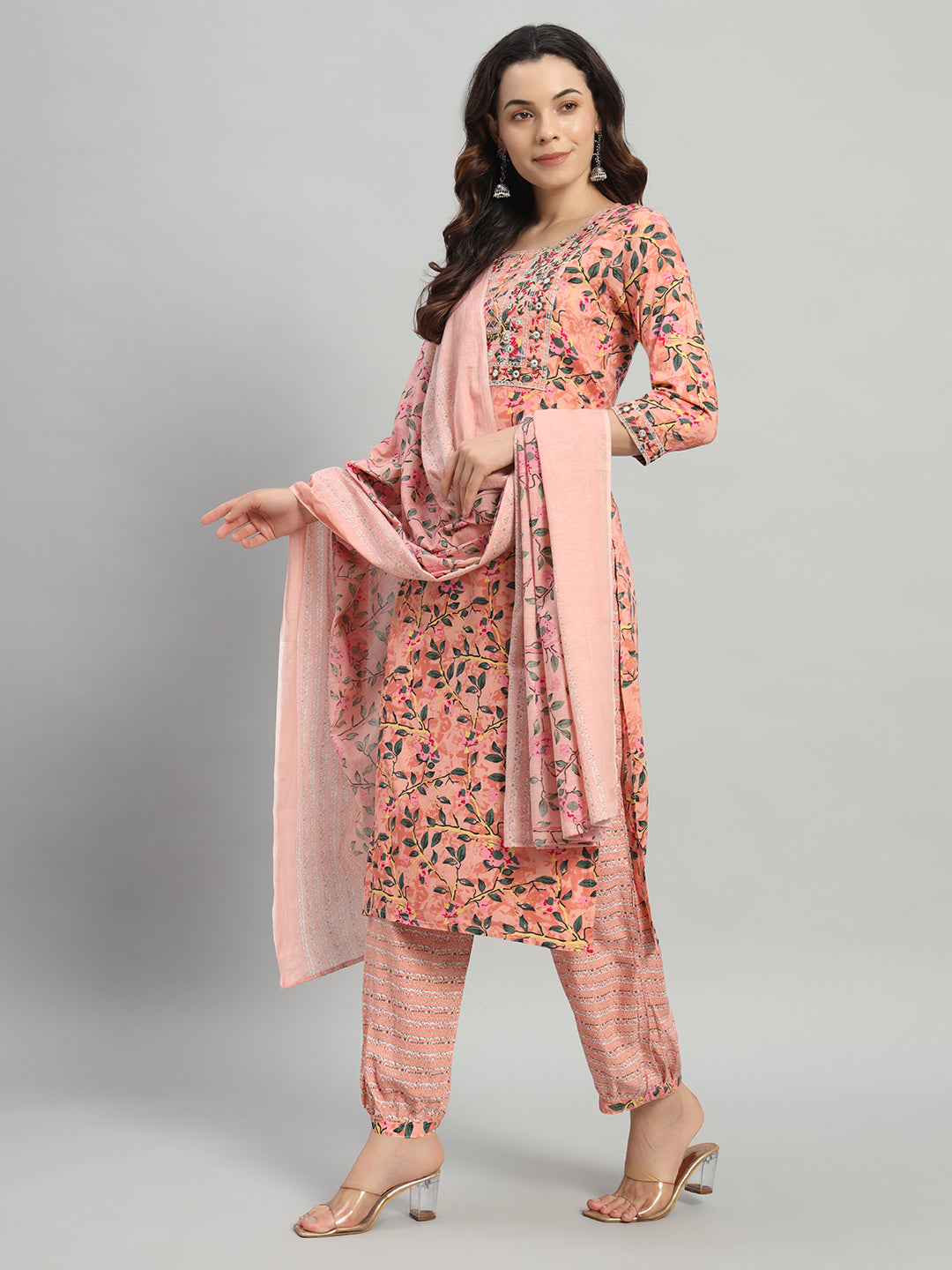 Pink Embroidery Cotton Blend Straight Kurta Pant Dupatta Set