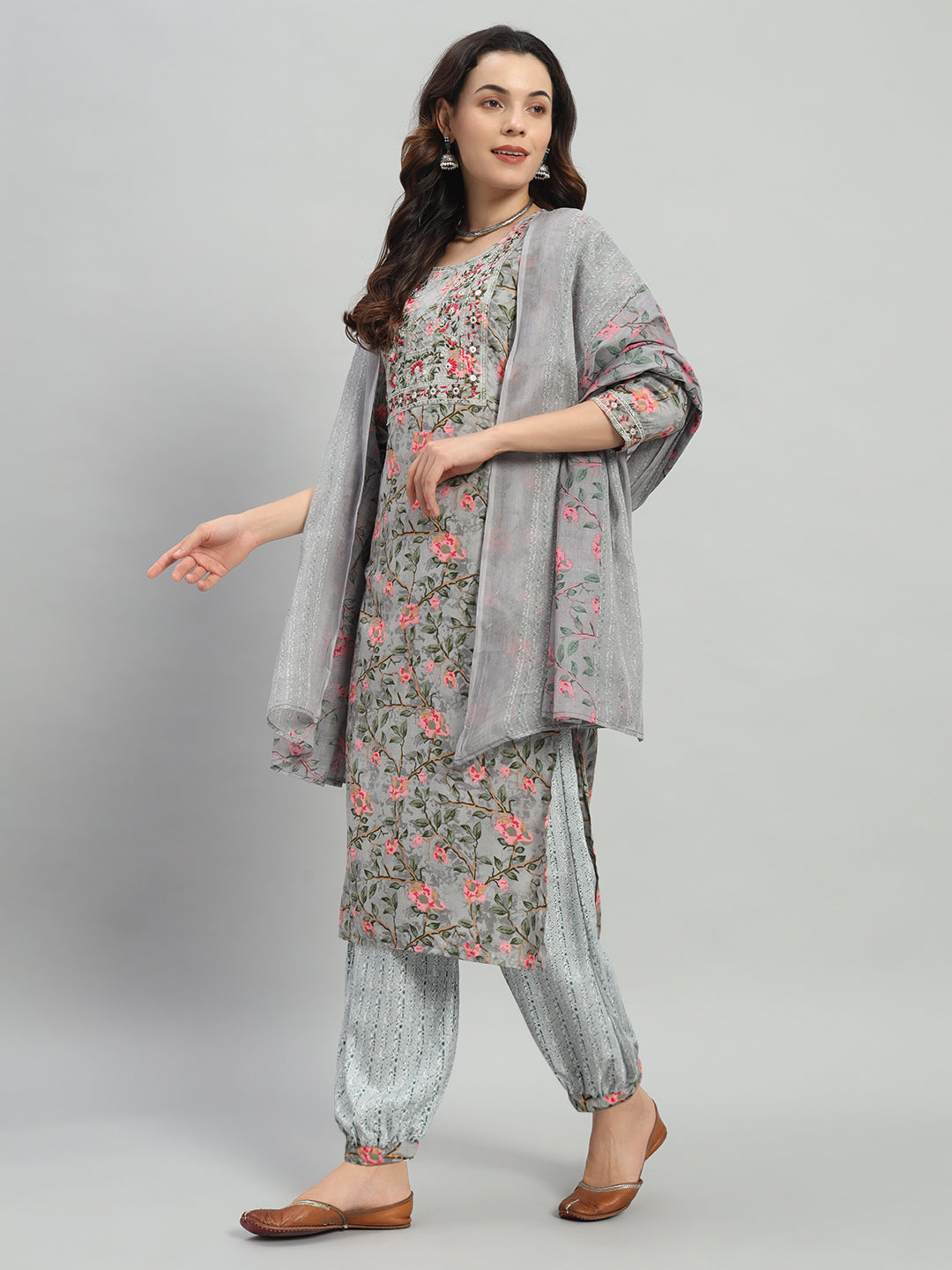 Grey Embroidery Cotton Blend Straight Kurta Pant Dupatta Set