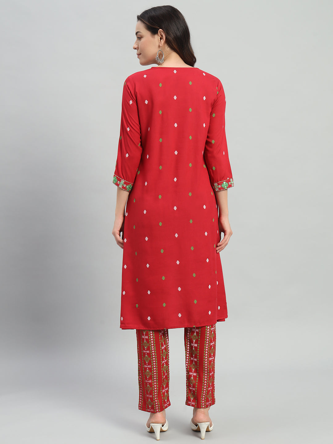 Maroon Printed Cotton Blend A-line Suit Set