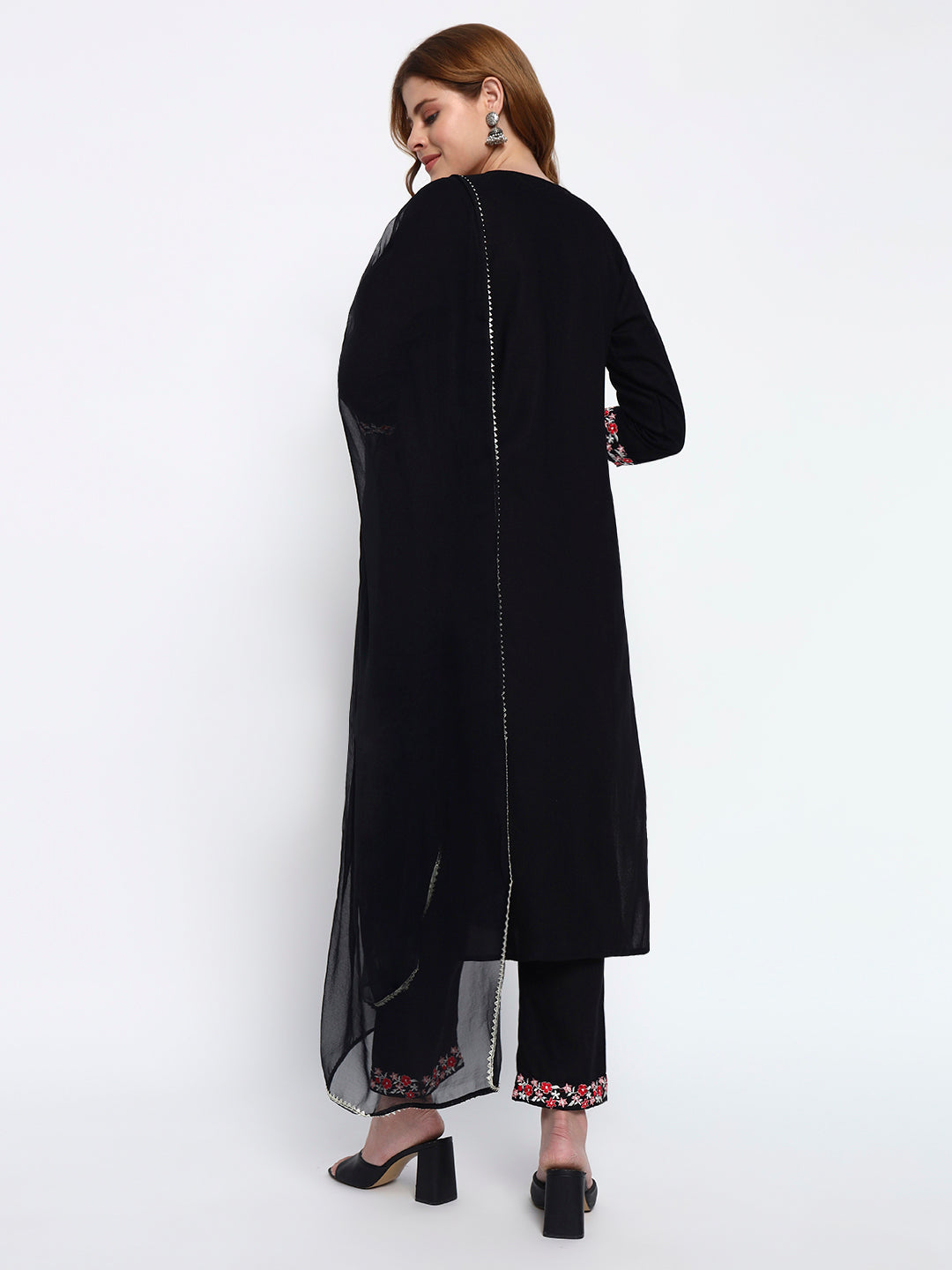 Black Embroidery Cotton Blend Straight Kurta Pant Dupatta Set