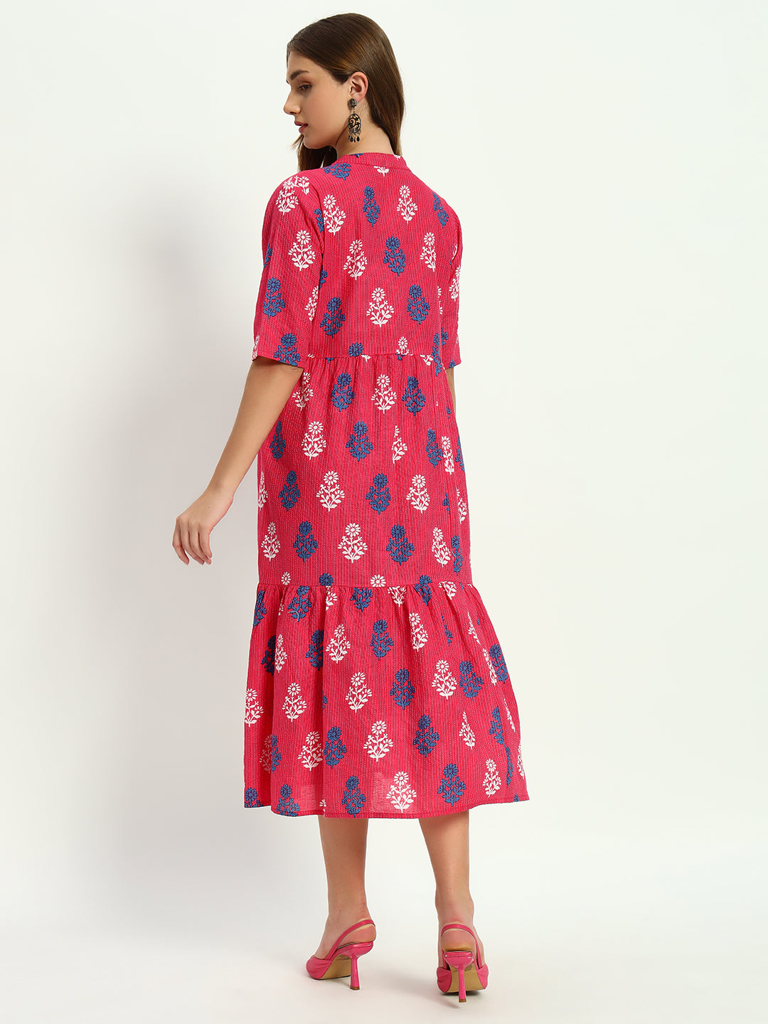 Pink Ethnic Motifs Floral Printed Tiered Fit & Flare Ethnic Dress (Copy)