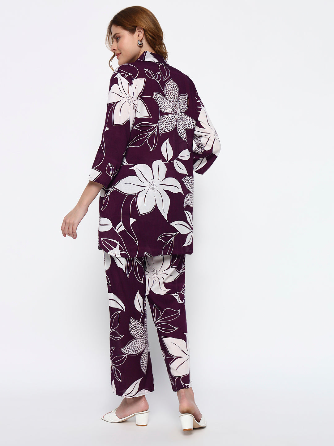Purple Floral Printed Cotton Blend Co-Ord Set