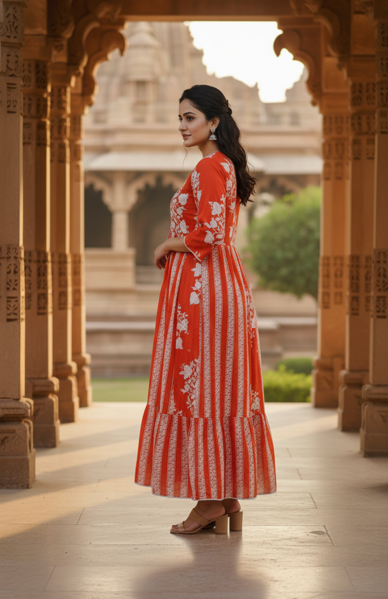 Orange Floral Printed Rayon Anarkali Knee Kurta