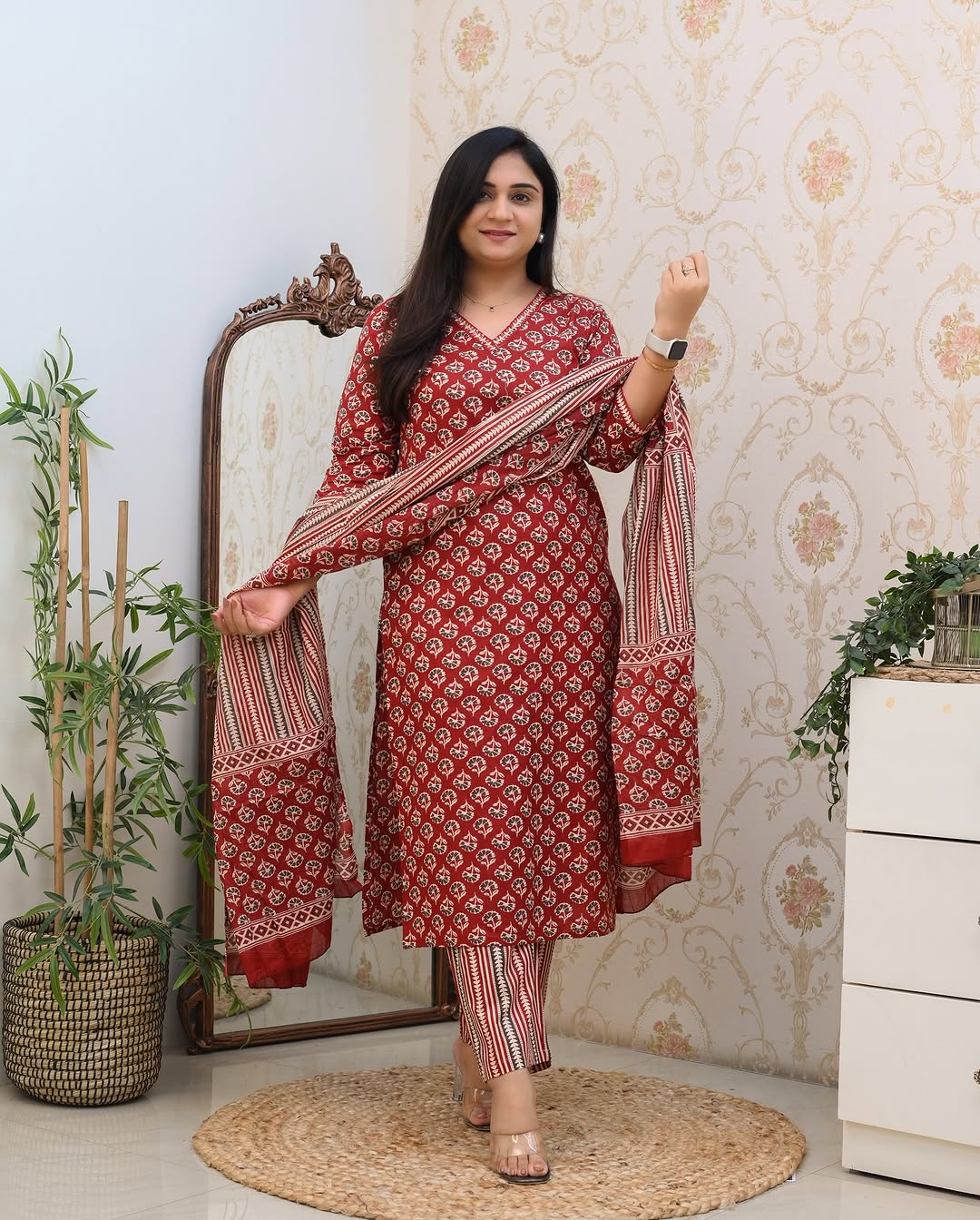 Red Printed Cotton Blend Straight Kurta Pant Dupatta Set