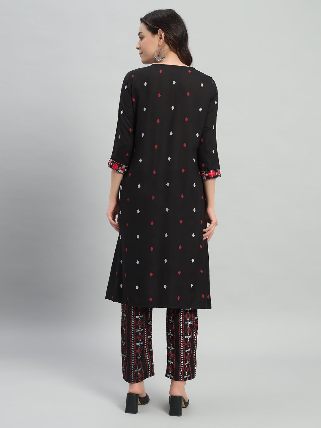 Black Printed Cotton Blend A-line Suit Set