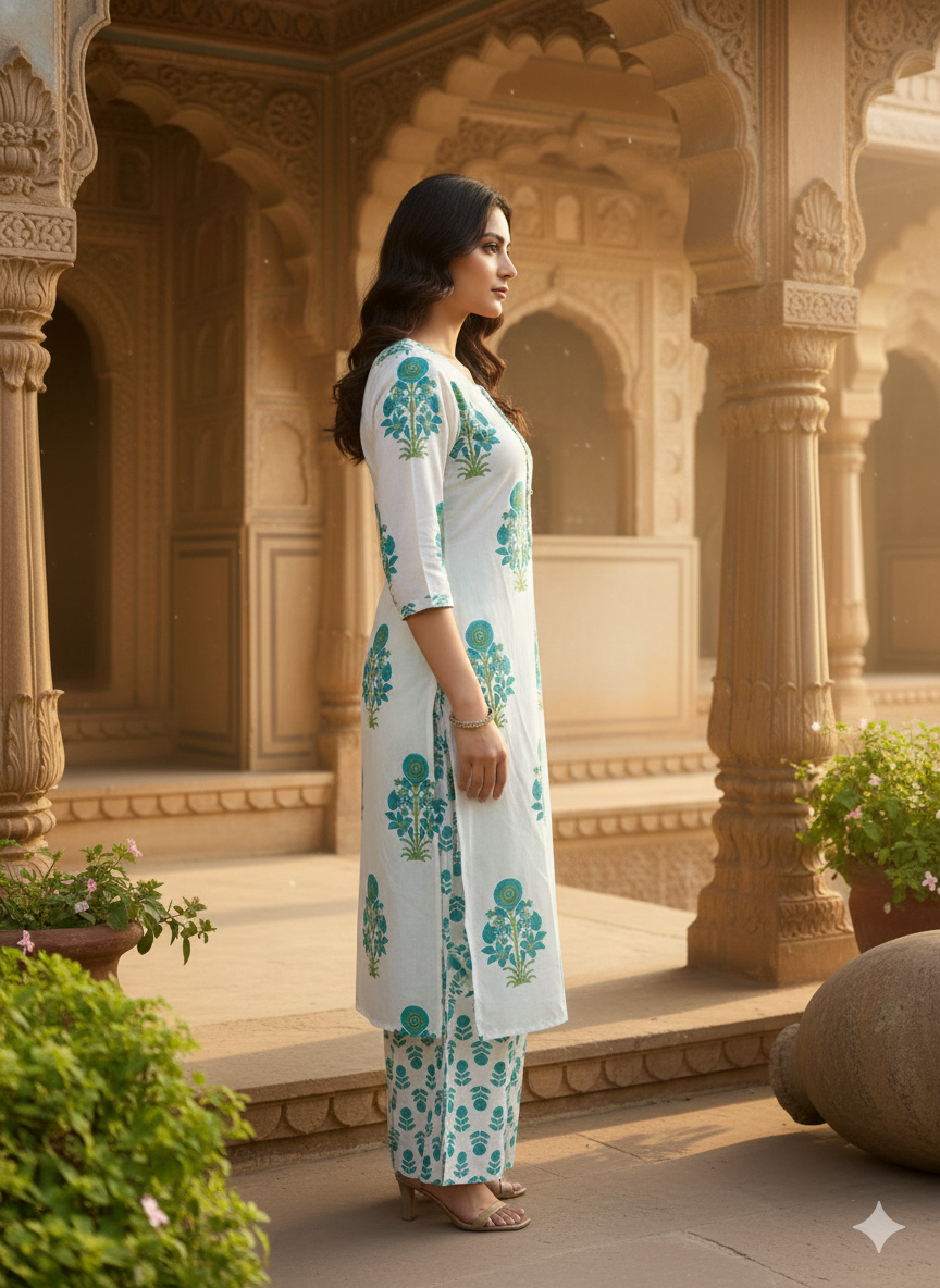 Blue Printed Cotton Blend Straight Kurta Pant Set