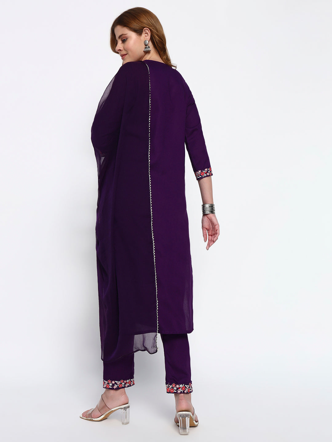 Purple Embroidery Cotton Blend Straight Kurta Pant Dupatta Set