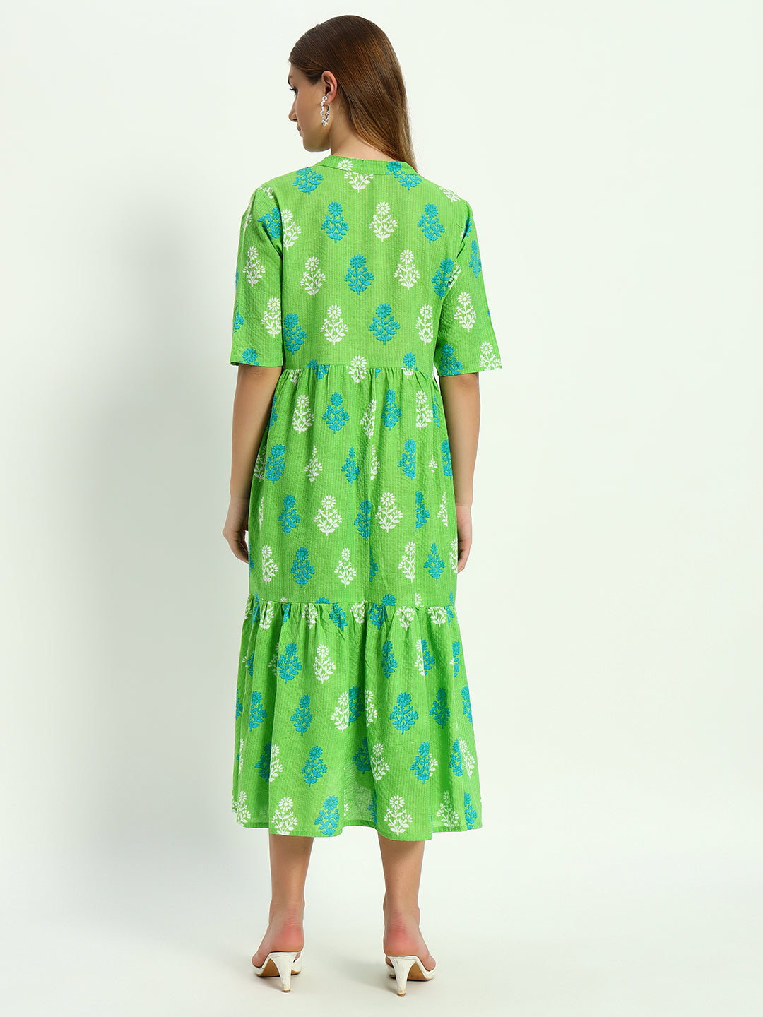 Green Ethnic Motifs Floral Printed Tiered Fit & Flare Ethnic Dress