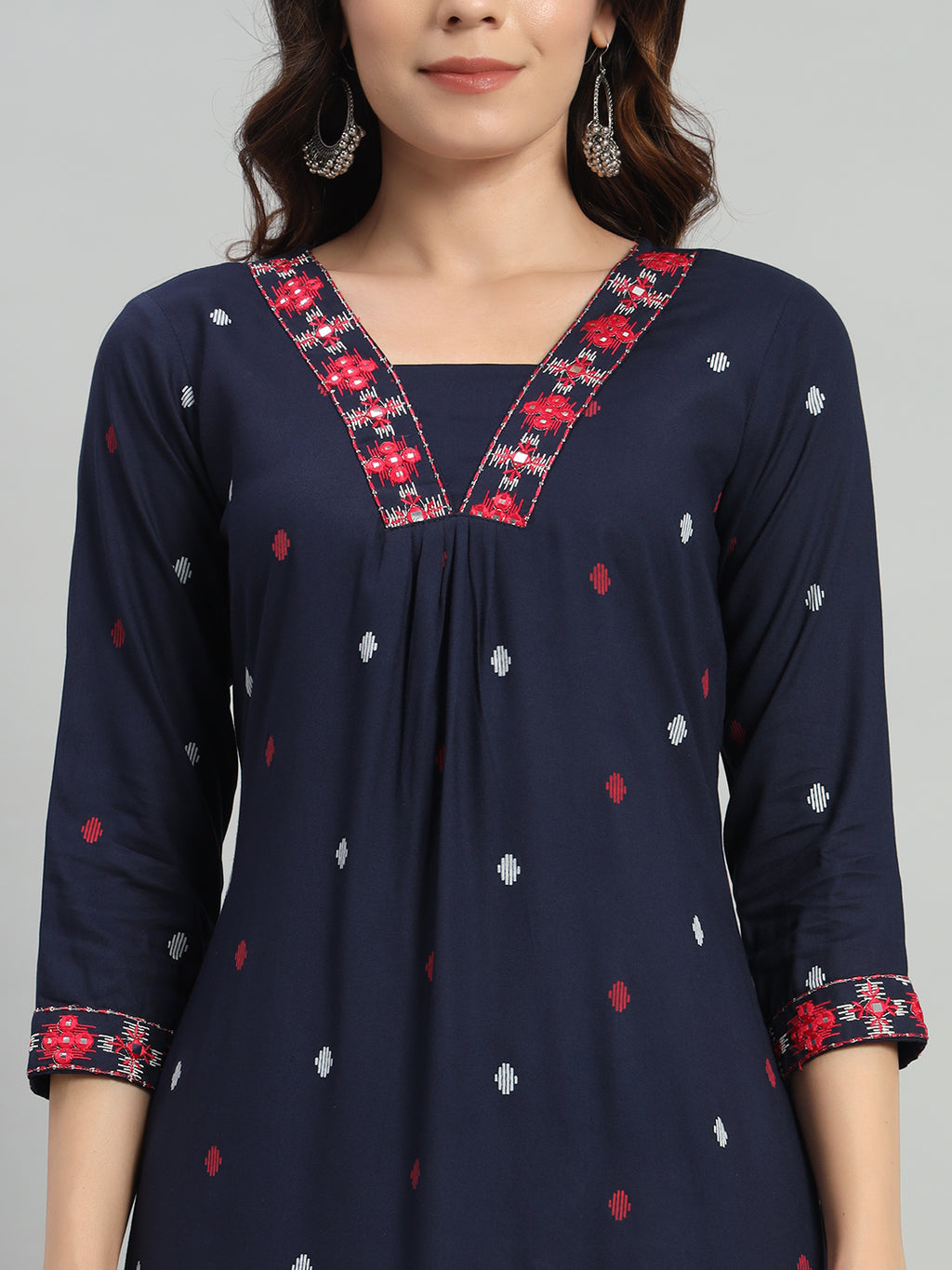 Blue Printed Cotton Blend A-line Suit Set