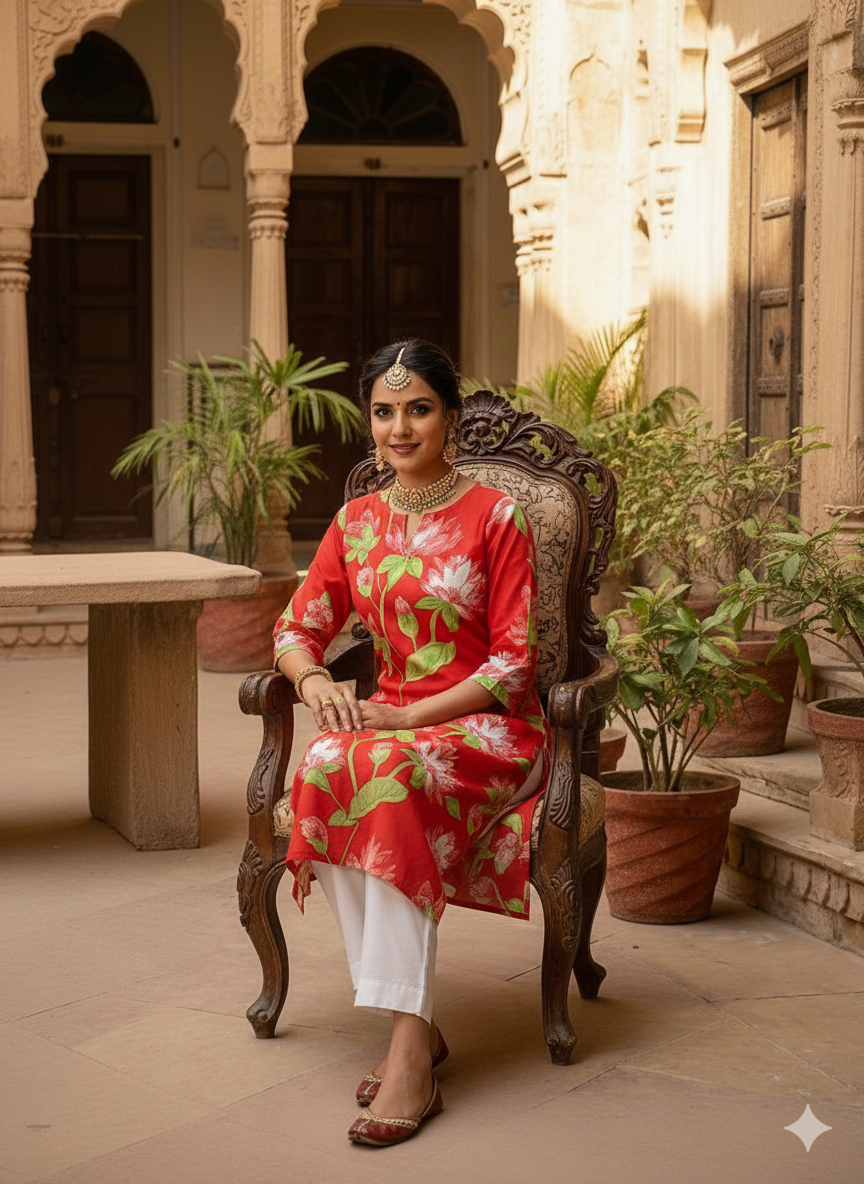 Pink Floral Printed Rayon Straight Calf Length Kurta