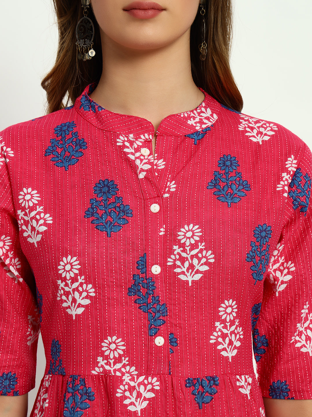 Pink Ethnic Motifs Floral Printed Tiered Fit & Flare Ethnic Dress (Copy)