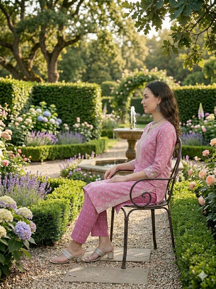 Pink Printed Cotton Blend Straight Kurta Pant Set