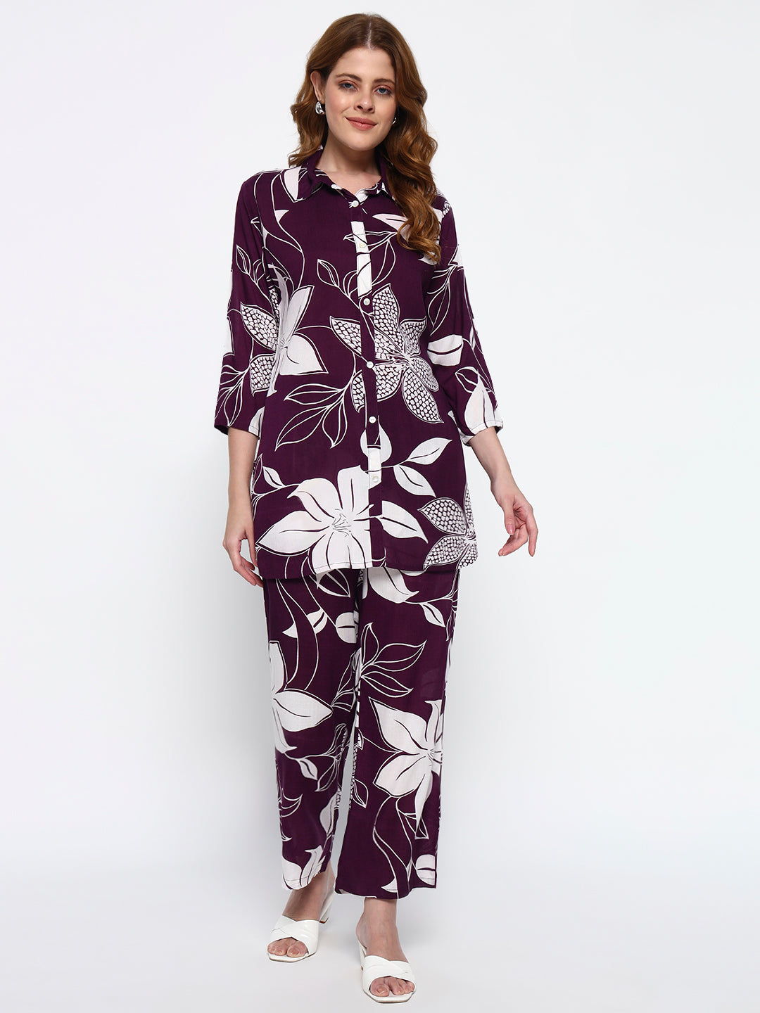 Purple Floral Printed Cotton Blend Co-Ord Set