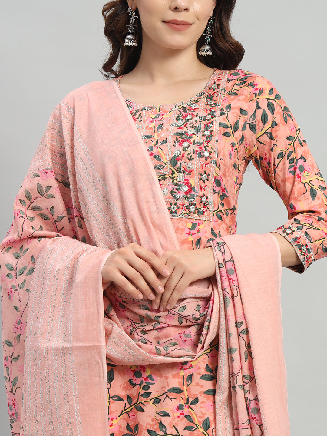 Pink Embroidery Cotton Blend Straight Kurta Pant Dupatta Set
