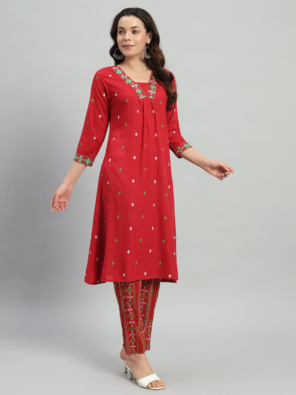 Maroon Printed Cotton Blend A-line Suit Set