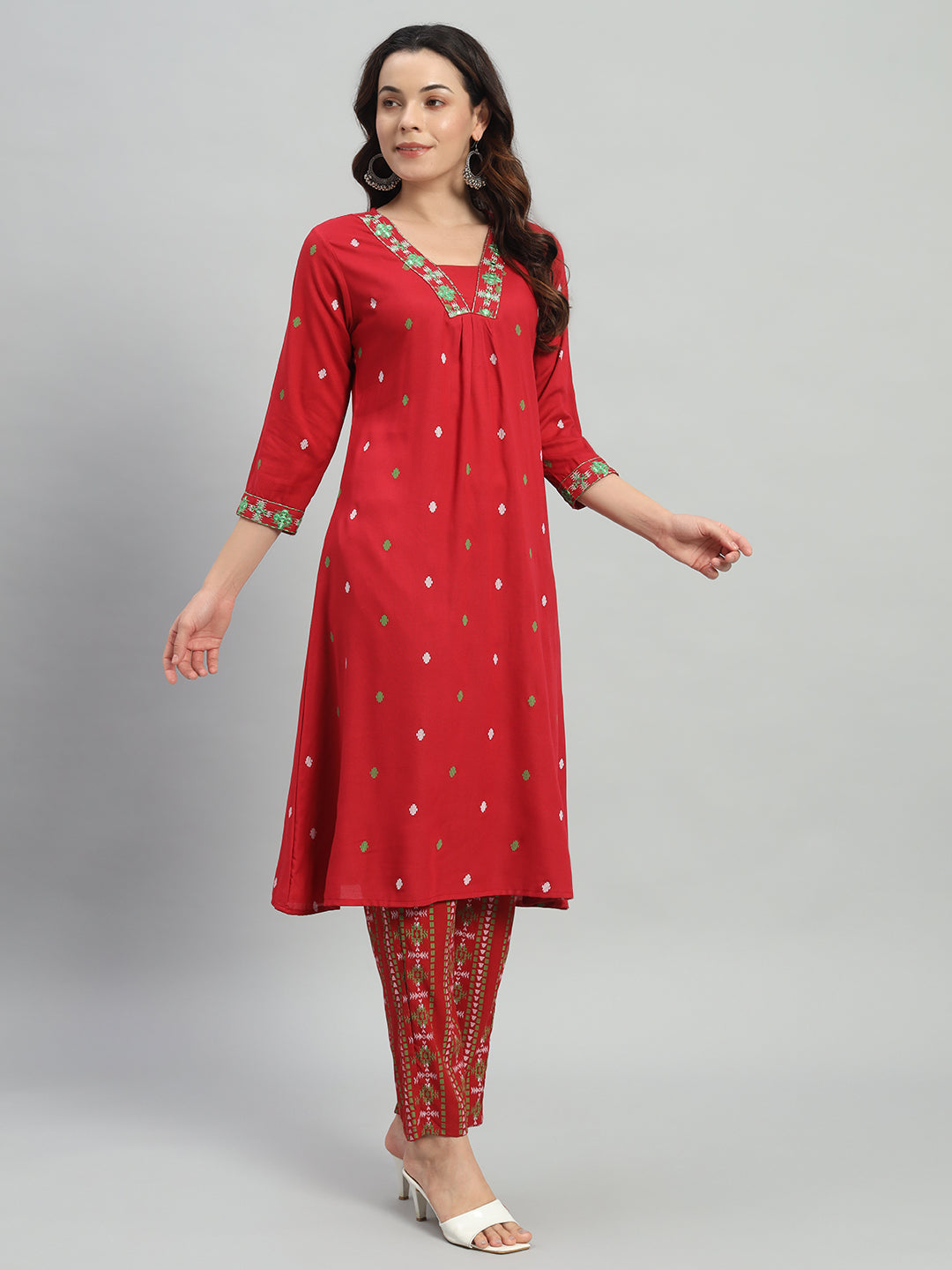 Maroon Printed Cotton Blend A-line Suit Set