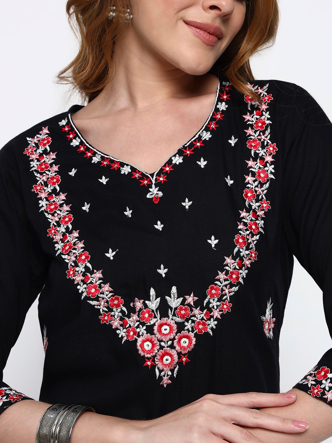 Black Embroidery Cotton Blend Straight Kurta Pant Dupatta Set