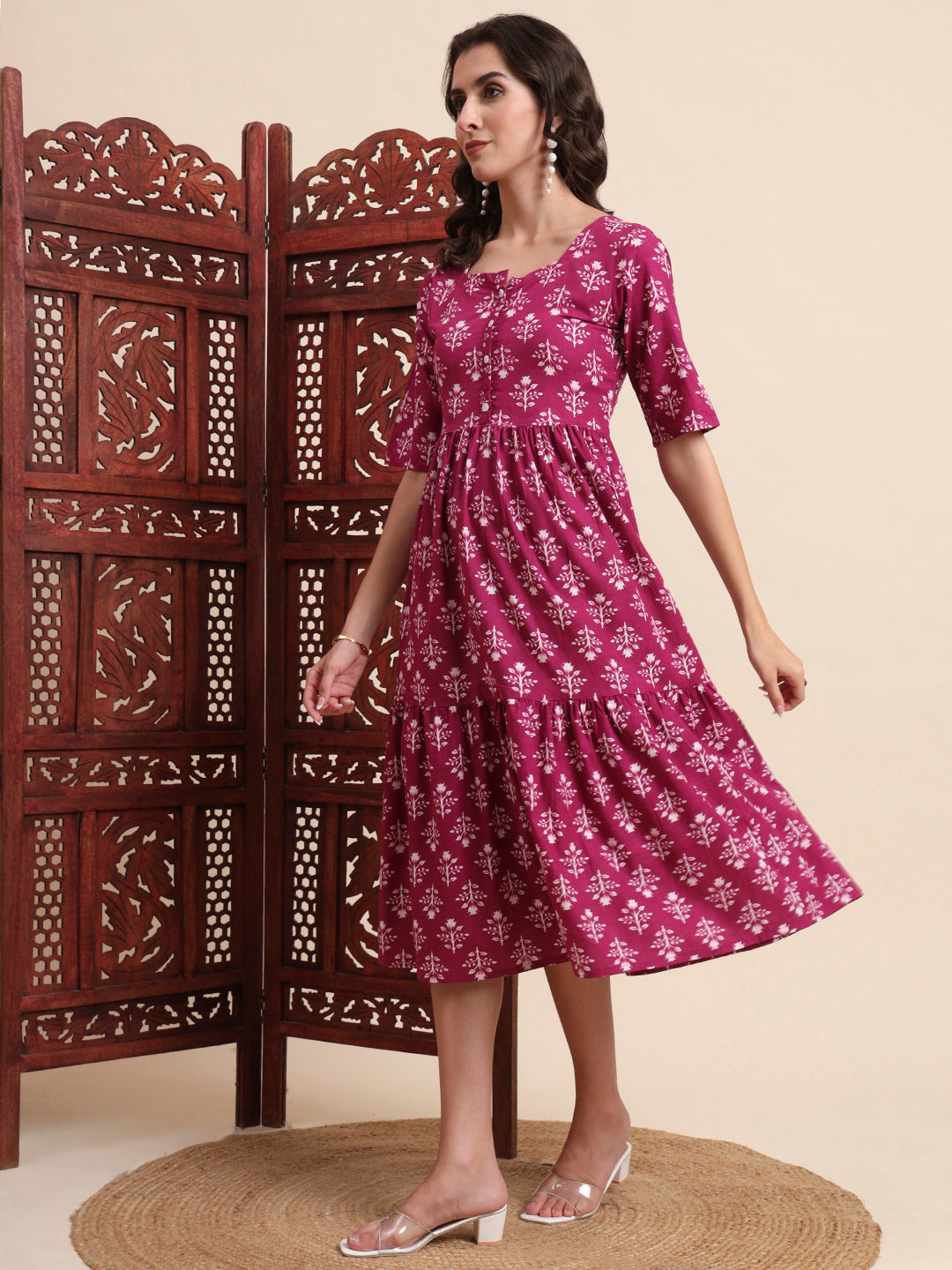 Ethnic Motifs Floral Printed Tiered Fit & Flare Ethnic Dress