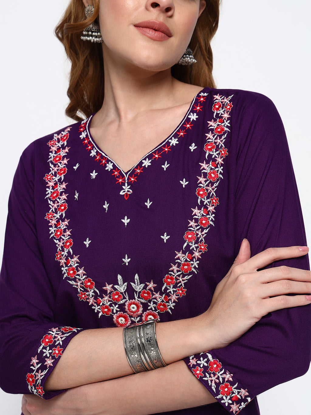 Purple Embroidery Cotton Blend Straight Kurta Pant Dupatta Set