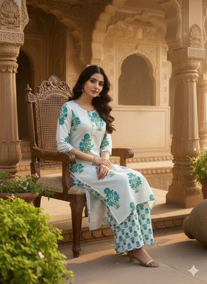 Blue Printed Cotton Blend Straight Kurta Pant Set