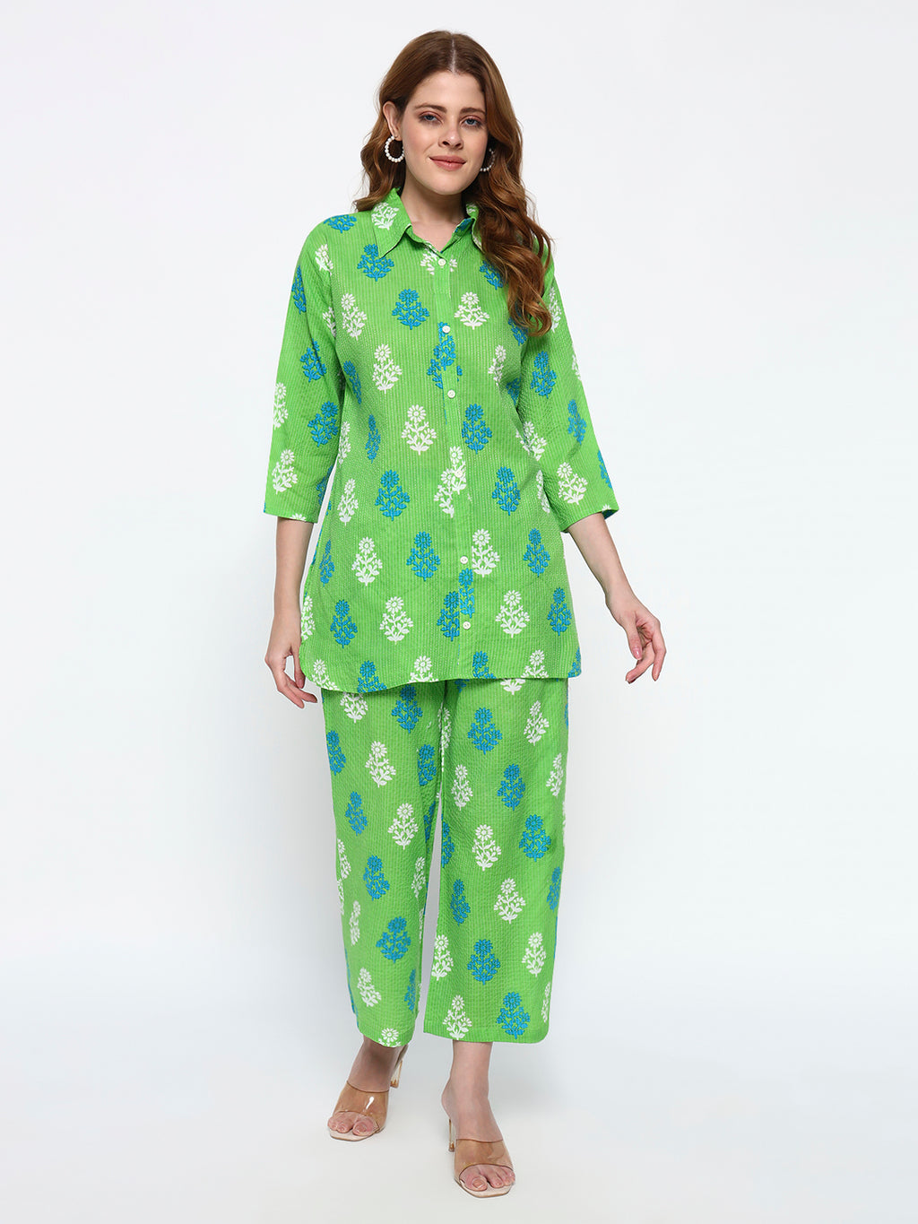 Green Printed on cotton Katha fabric Co-Ord Set
