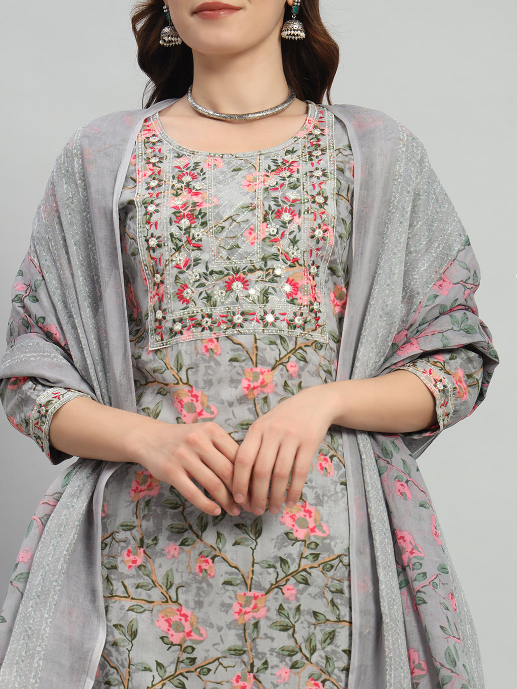 Grey Embroidery Cotton Blend Straight Kurta Pant Dupatta Set