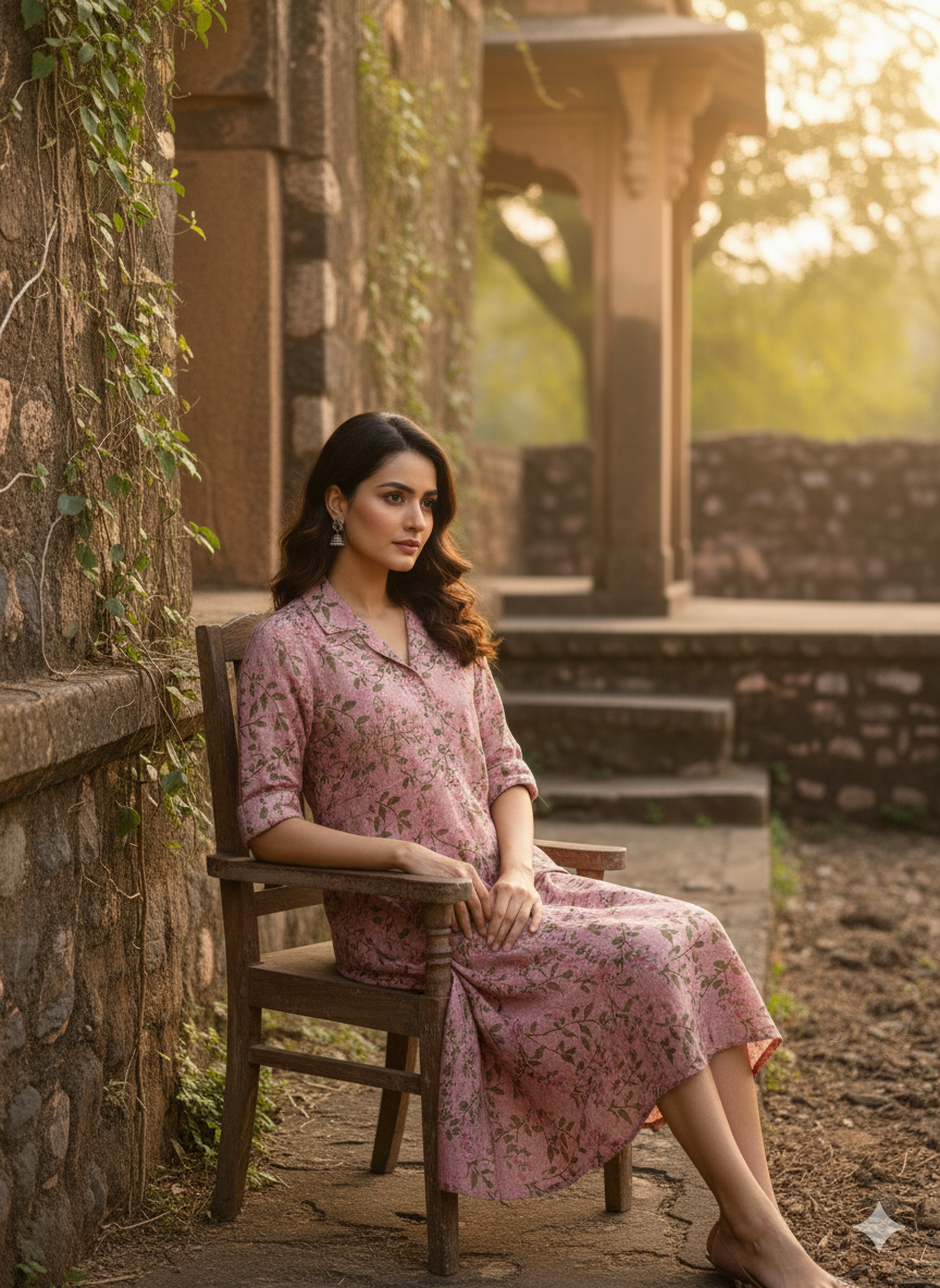 Pink Floral Printed Rayon Straight Calf Length Kurta