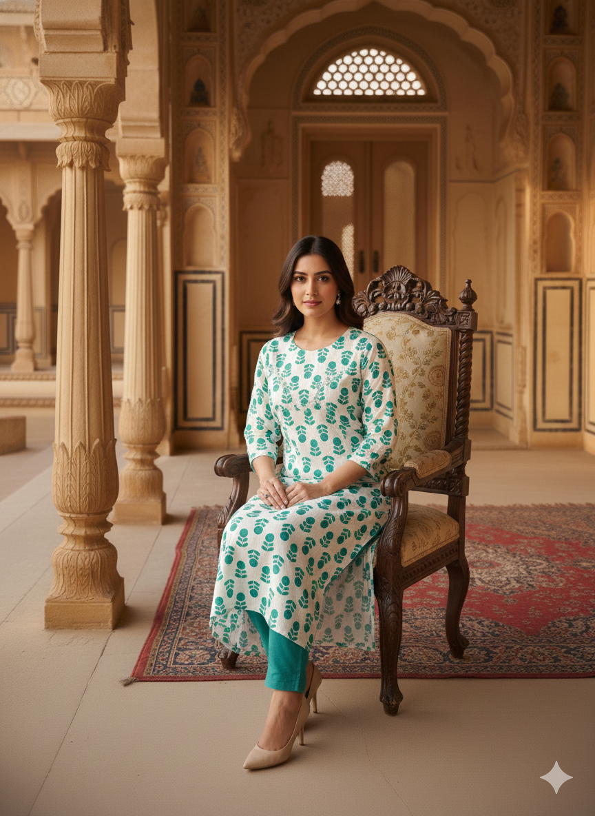 Blue Floral Printed Rayon Straight Calf Length Kurta