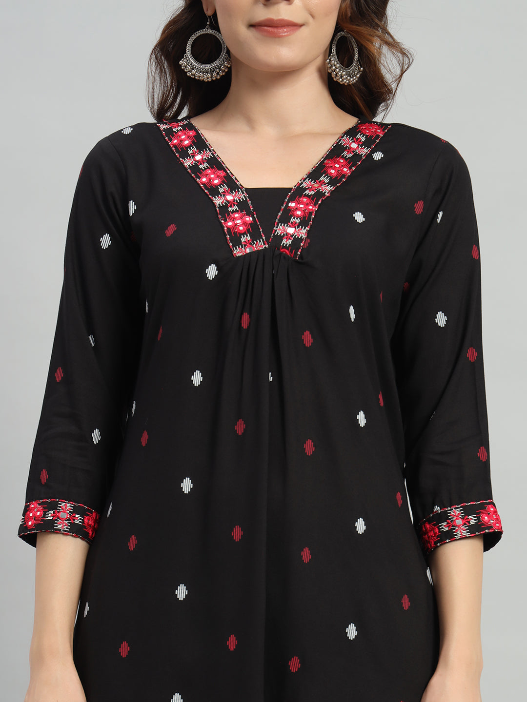 Black Printed Cotton Blend A-line Suit Set