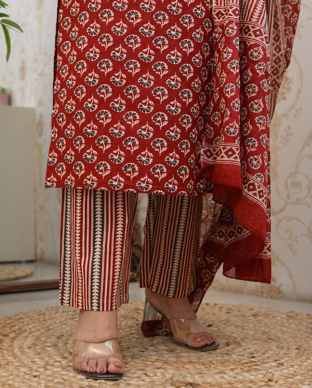 Red Printed Cotton Blend Straight Kurta Pant Dupatta Set